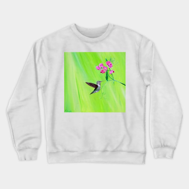 Hummingbird and Sweet Peas Painting Crewneck Sweatshirt by ArtbyKirstenSneath